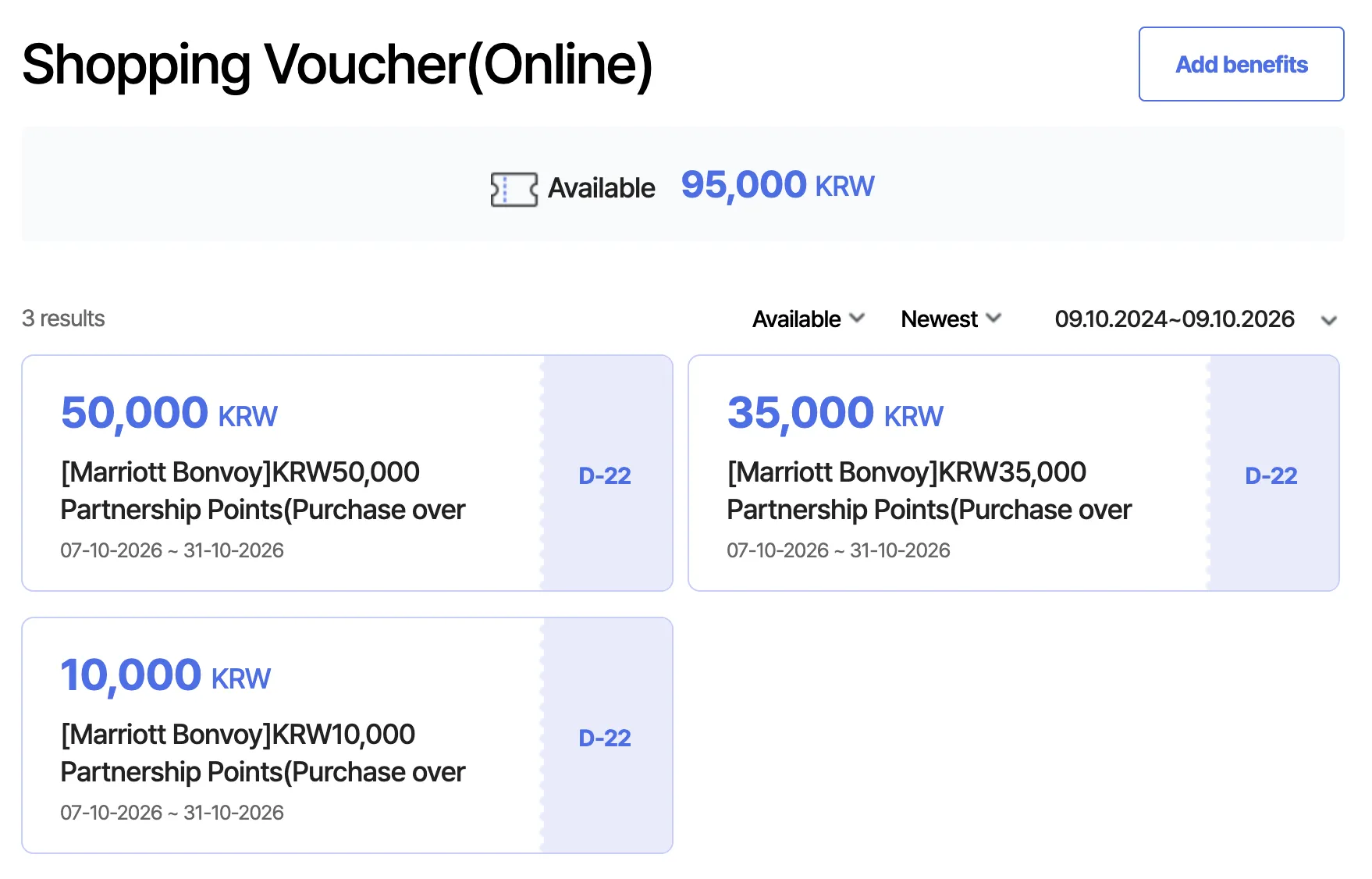 The three Marriott online vouchers in my account, valid October 7 to 31, 2026