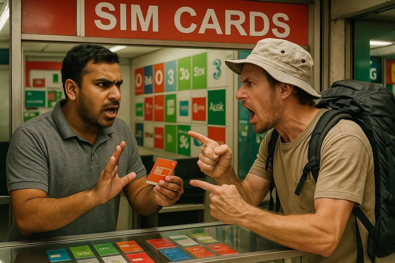 Tourist and vendor discussing SIM cards at a mobile phone shop counter with colorful carrier options displayed.