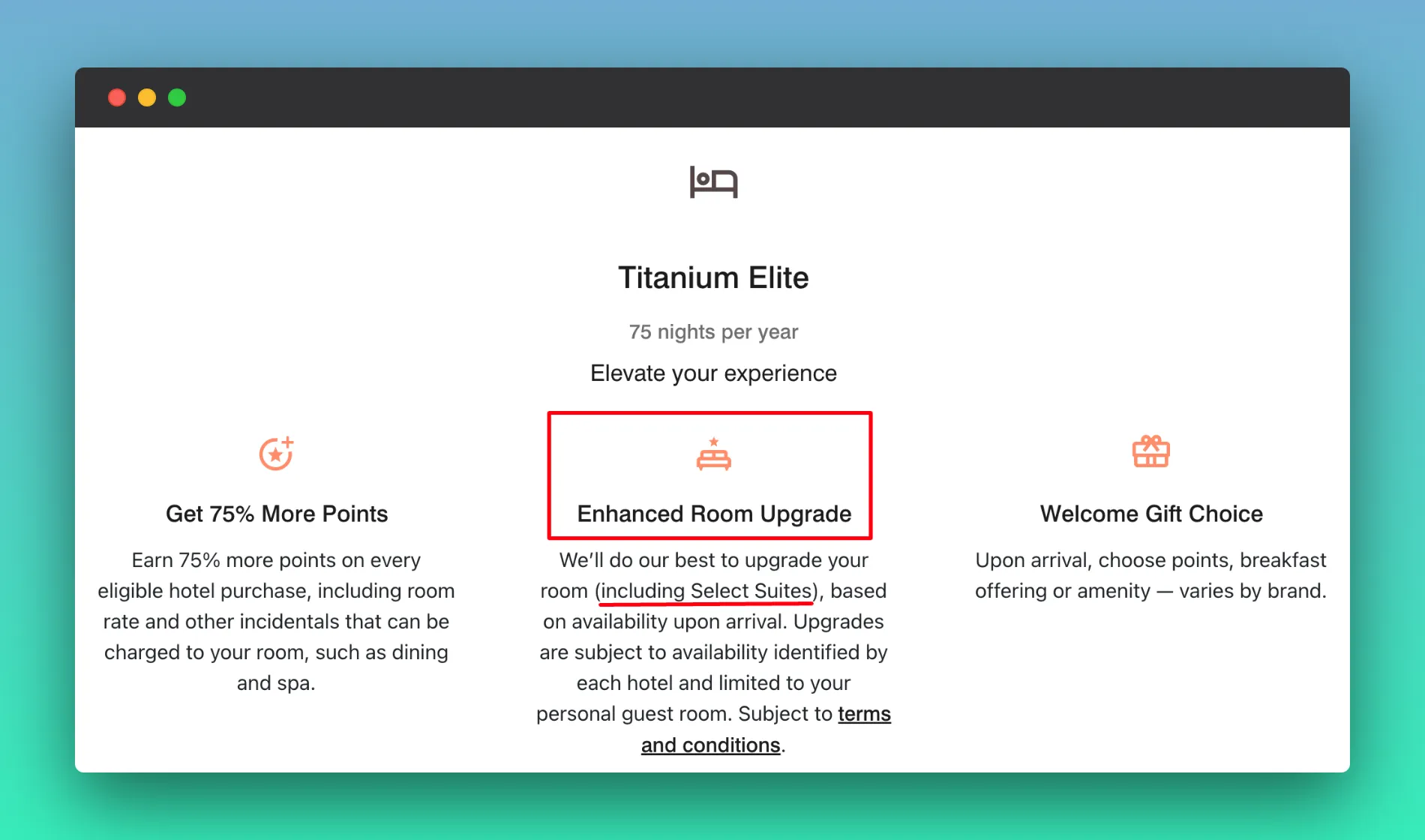 Titanium Elite credit card benefits page showing 75 nights per year, enhanced room upgrade, and welcome gift choice
