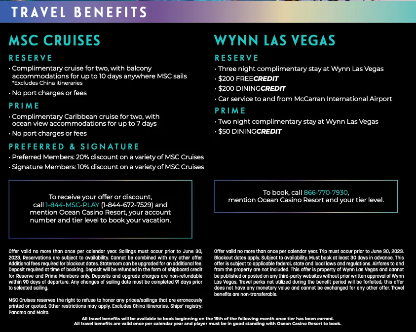 Travel benefits comparison for MSC Cruises and Wynn Las Vegas with Reserve, Prime, and Preferred tiers listed on dark background
