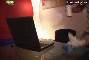 Laptop and office chair at desk with red and white walls