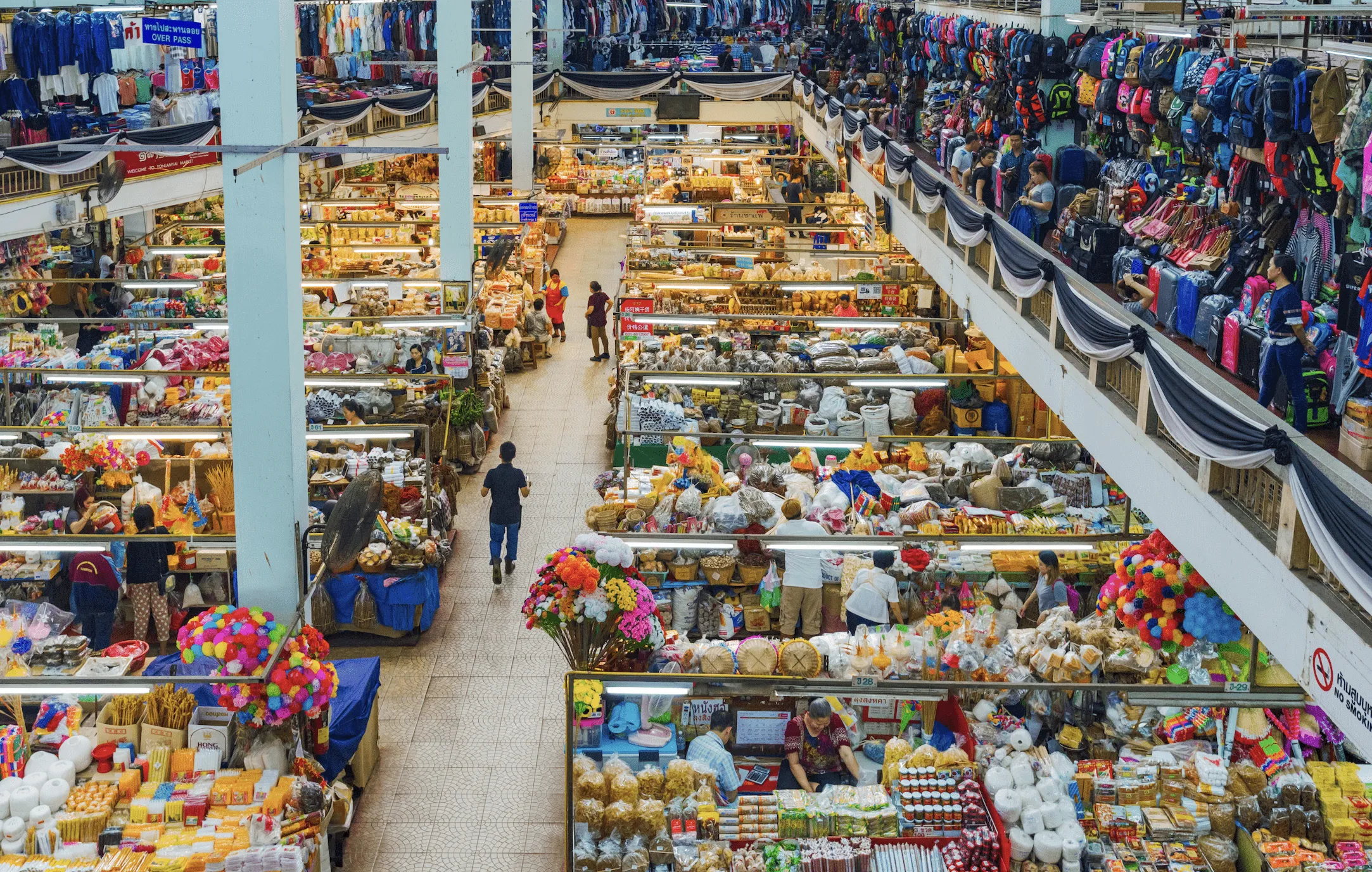 Aerial view of Warorot Market in Bangkok with rows of vendor stalls selling produce, flowers, and goods across multiple levels