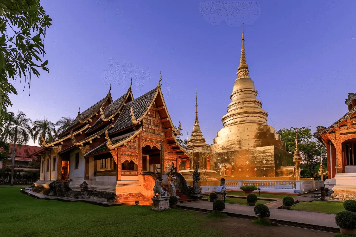 Wat Phra Singh temple complex at dusk with golden chedi, red and gold wooden chapel, and manicured grounds in Chiang Mai, Thailand