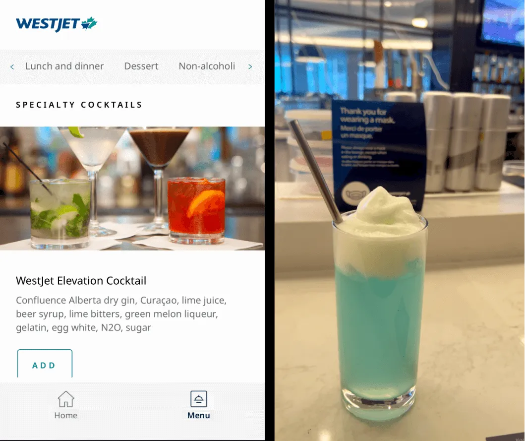 WestJet Elevation Cocktail with turquoise liquid, white foam top, and black straw at an airport lounge bar
