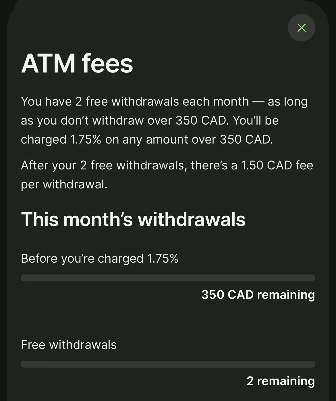 Wise ATM fees and withdrawal limits screen showing CAD rates and monthly allowances
