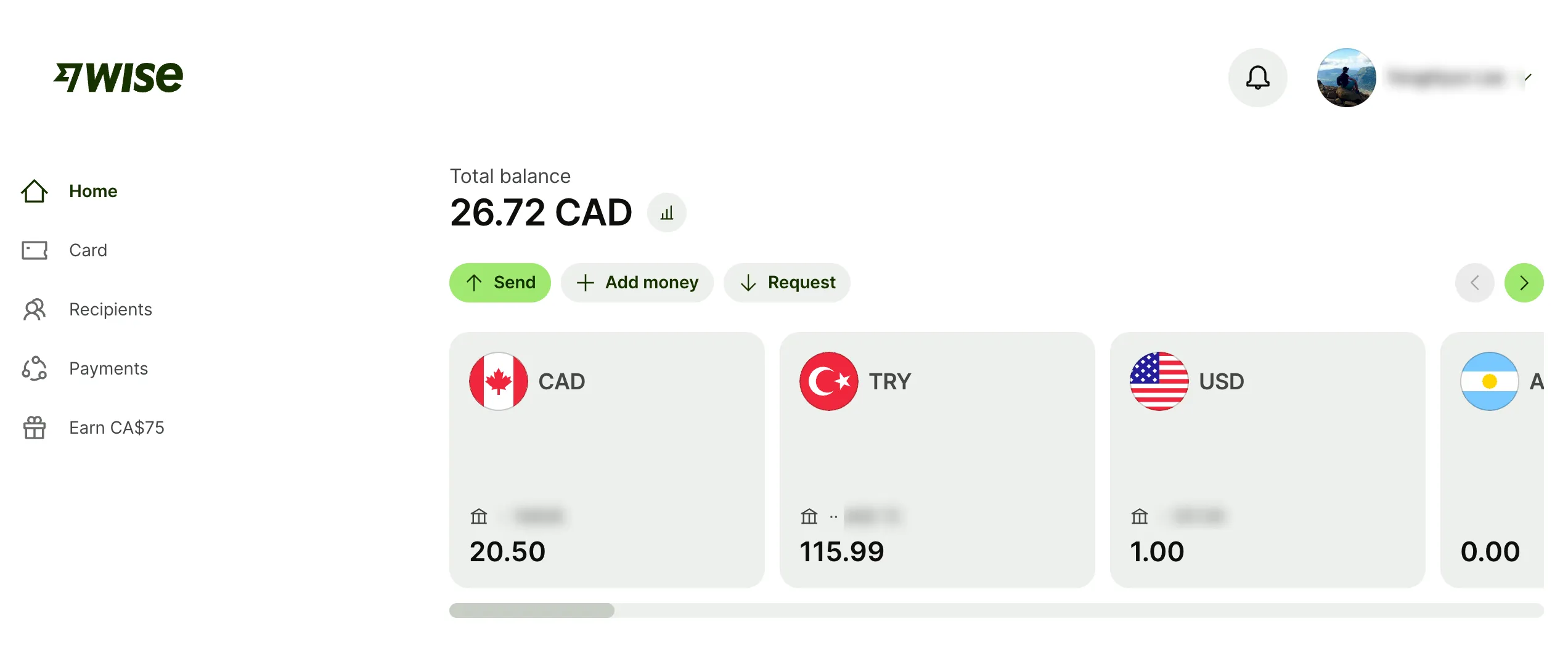Wise multi-currency wallet showing CAD 26.72 balance with CAD, TRY, USD, and ARS currency cards displayed.