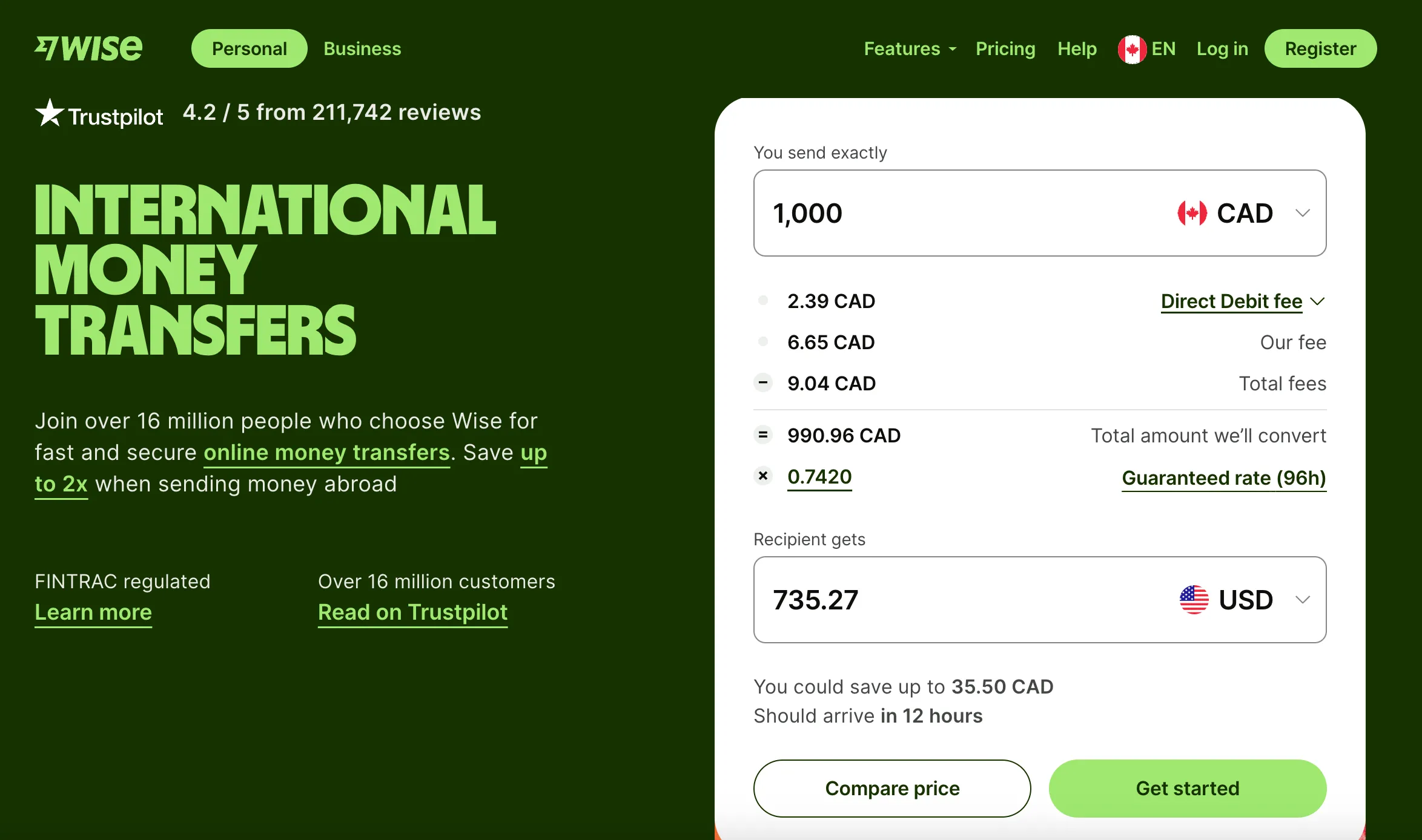 Wise money transfer interface showing 1,000 CAD conversion to 735.27 USD with fees breakdown