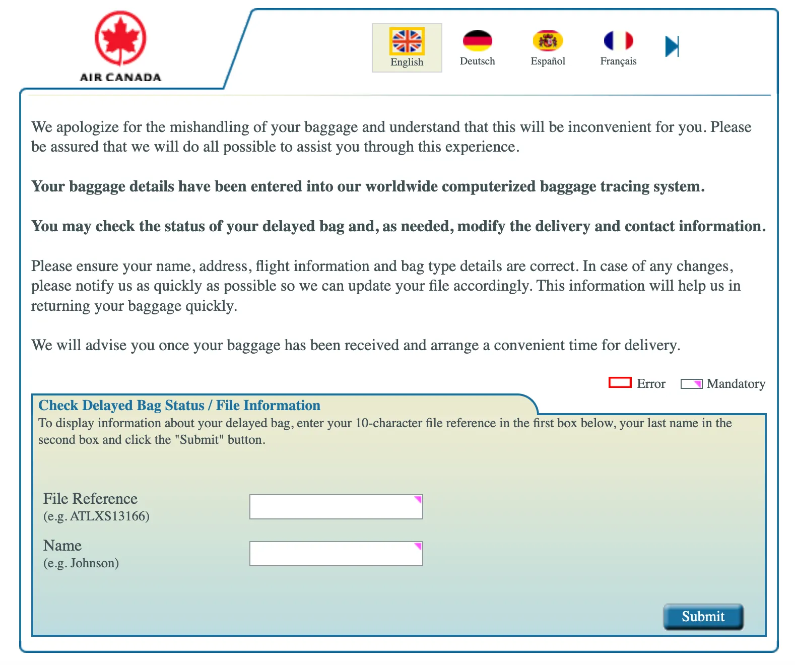 Air Canada baggage tracing system webpage with delayed baggage claim form and language options.