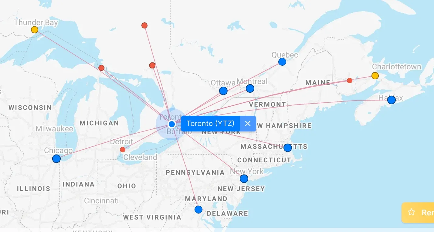 Flight route map showing Toronto (YTZ) connections to North American cities including Chicago, New York, Montreal, and Halifax.