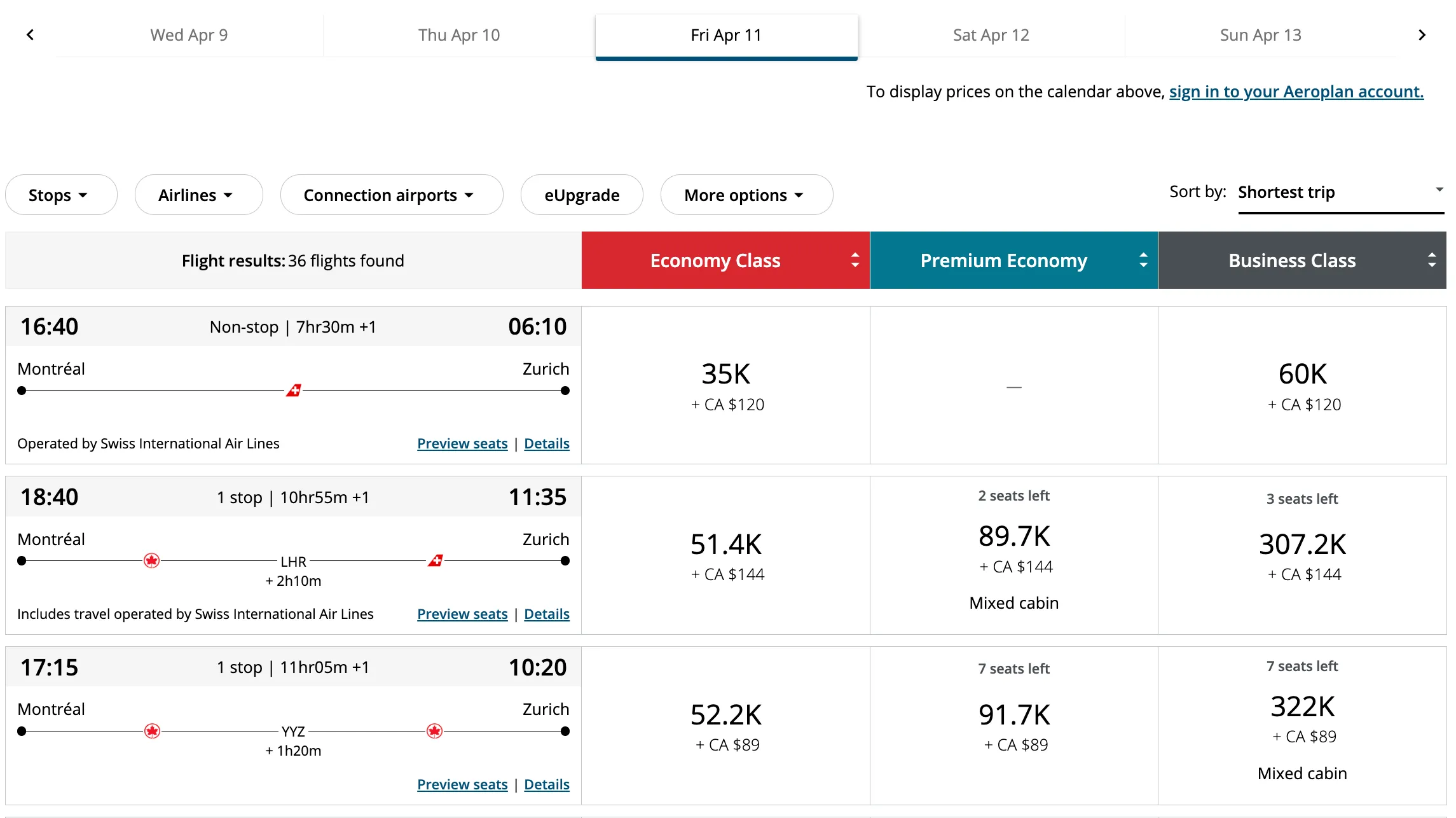 Aereoplan flight search results from Montreal to Zurich showing economy, Premium Economy, and Business Class pricing in points and cash
