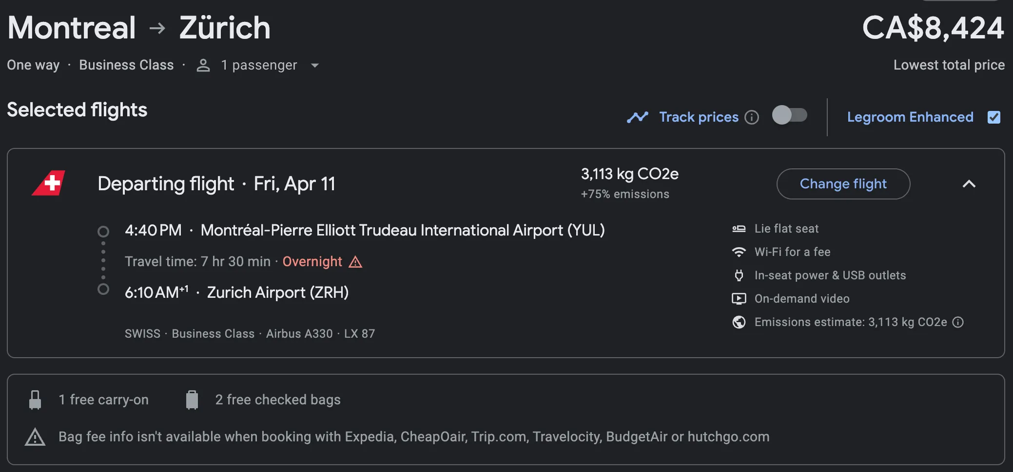 Google Flights search results for Montreal to Zurich business class flight on SWISS Airbus A330, priced CA$8,424