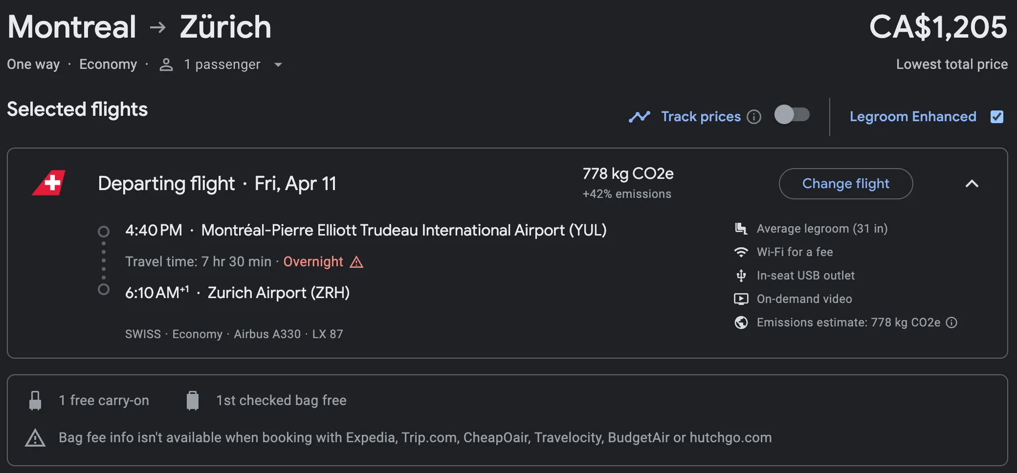 Google Flights search result for Montreal to Zurich economy flight on Swiss International Air Lines, CA$1,205 total price