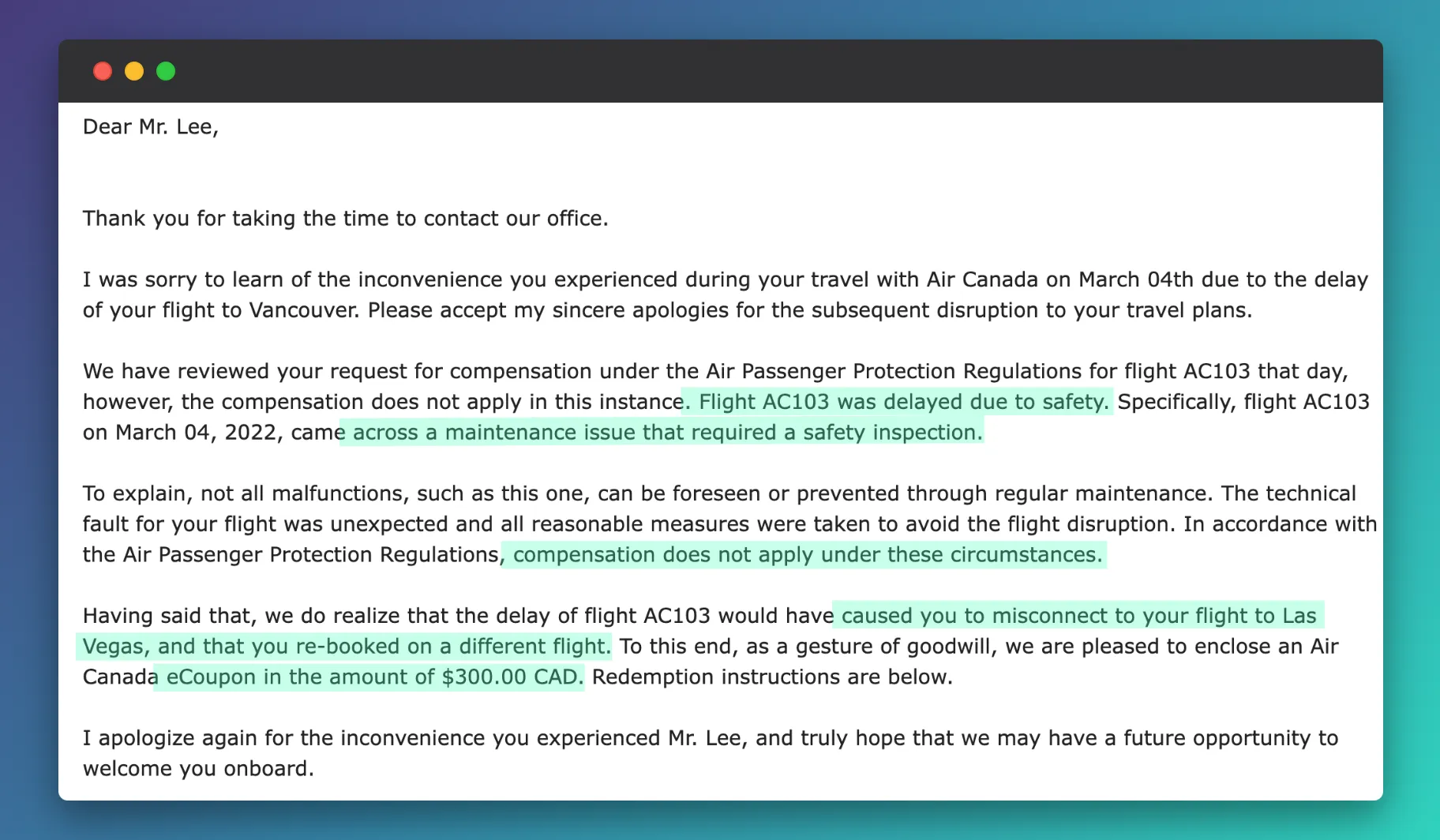 Air Canada compensation letter displayed on MacBook screen, showing apology for flight AC103 delay and $300 CAD eCoupon offer