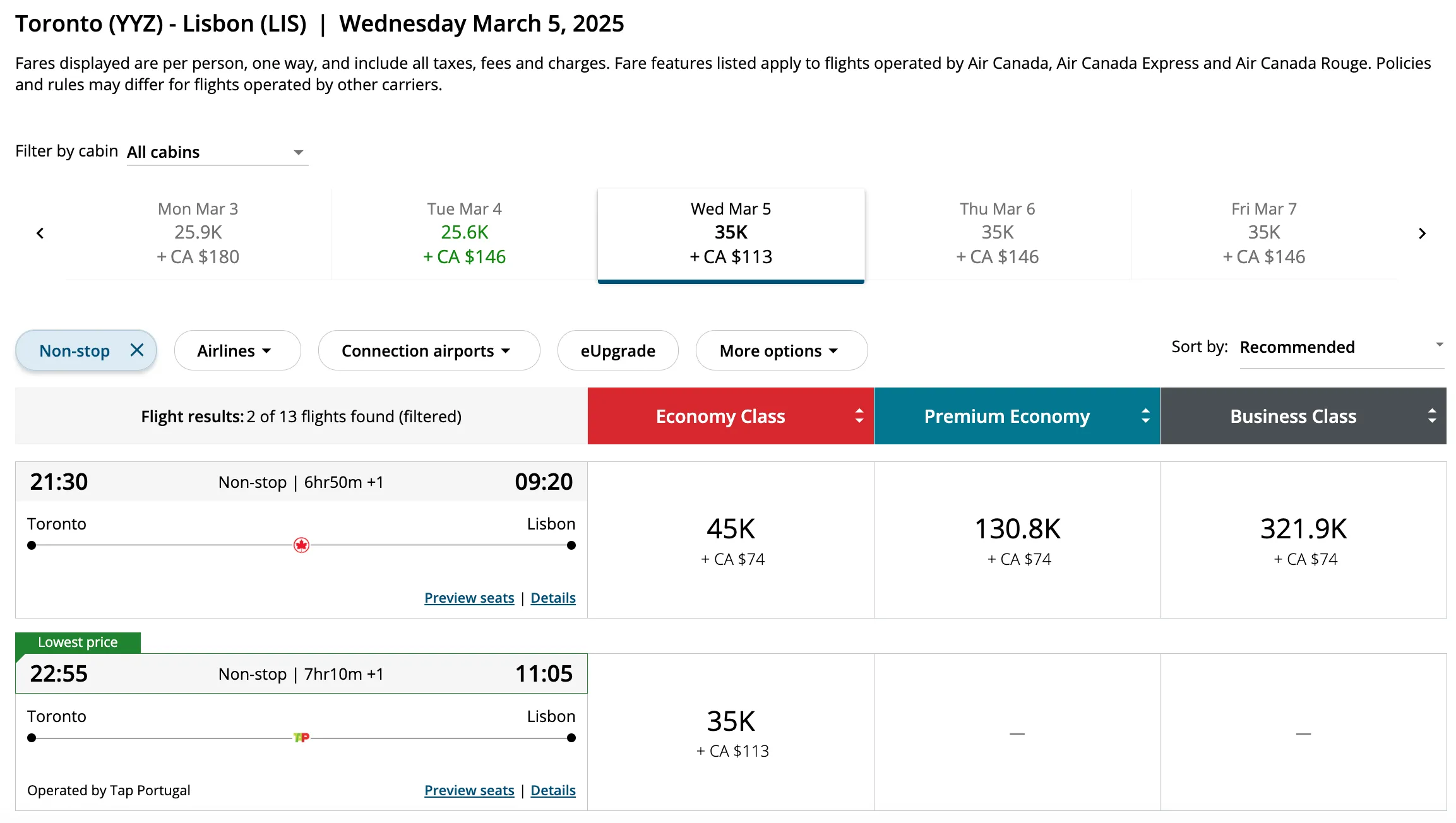Flight search results for Toronto to Lisbon on March 5, 2025, showing economy, premium economy, and business class fares from Air Canada and TAP Portugal.