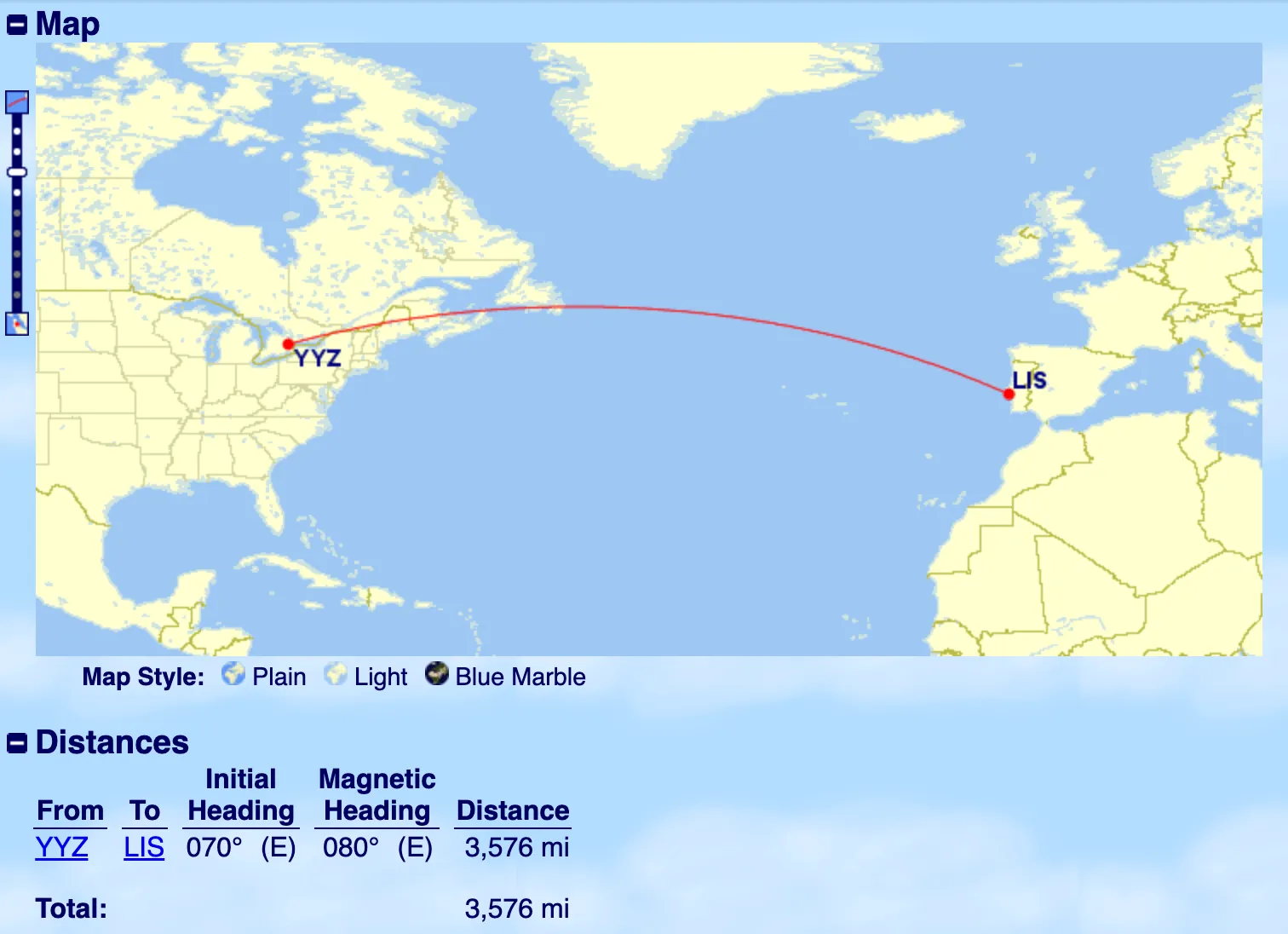 Great circle flight route map from Toronto (YYZ) to Lisbon (LIS), showing 3,576 mile distance across Atlantic Ocean